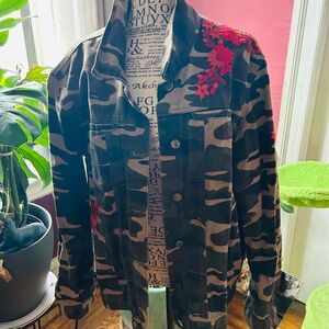 Camouflage Jacket with Red Floral Embroidery